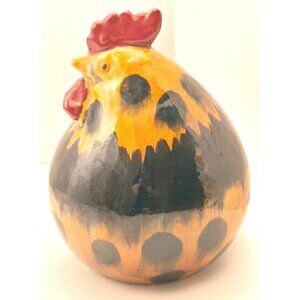 Hand-Painted Ceramic Fat Chicken Figurine Polka Dot Yellow & Black Colors Decor